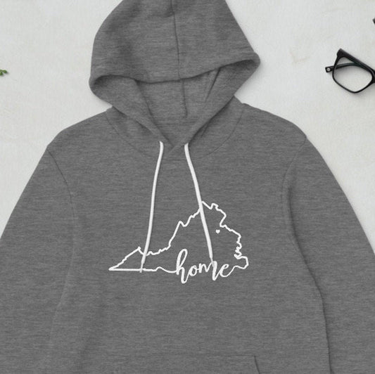 Virginia Home hoodie (with heart on hometown)